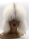Front view of all-white fox hat with full brim and long fluffy ear flaps