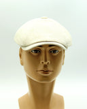 Beige linen newsboy cap mannequin side profile brim detail