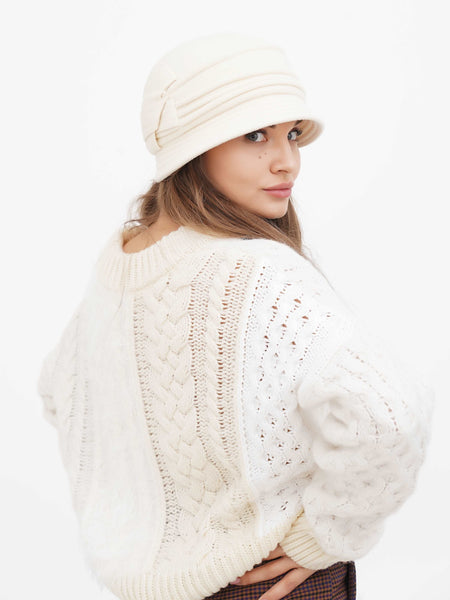 Victoria ivory pin-tucked wool cloche hat with ribbon bow