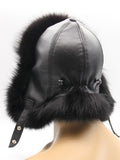 Black arctic fox hat from behind, right side, leather crown with fox flaps pulled back