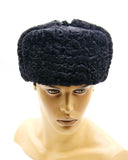 Profile black astrakhan ushanka showing curl pattern