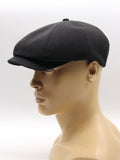 Black baker boy cap mannequin side view brim detail linen