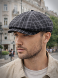 Black check baker boy hat side profile mens linen cotton