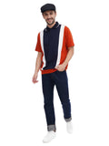 Full body shot man wearing black flat top cap with colorblock polo shirt and dark pants