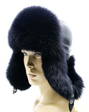 Three-quarter angle black arctic fox fur hat and leather ushanka