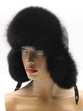 Black fur hat for women in arctic fox with black leather crown, front three-quarter view