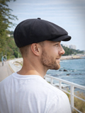 Black linen baker boy cap side profile mens summer driving hat