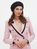 Black linen beret women smiling side portrait with pink blazer, lightweight summer hat Ukraine