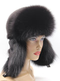 Black mink and arctic fox ushanka for women with ear flaps down, left three-quarter view