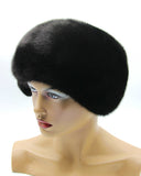 Black mink beret hat right side profile view showing applique flower structure and mink pile depth