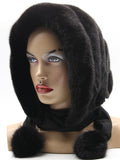 Black mink black suede striped fur hat hood front view on mannequin showing all-black alternating mink pile and suede texture