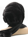 Close view black mink black suede striped fur hat hood showing light-behavior contrast between mink pile and flat black suede