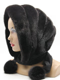 Three-quarter view black mink black suede striped fur hat hood showing monochrome texture stripe and black ties
