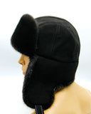 Black mink bomber ushanka earflaps tied back position rear view