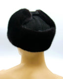 Top-down view black suede crown mink bomber fur hat
