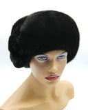Black mink fur beret left side profile showing applique flower position and rounded crown shape