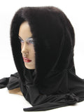 Back view black natural mink fur hat hood showing full dark mink coverage and black jersey shawl