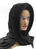 Black mink fur hat hood front view on mannequin showing natural black mink and black jersey shawl drape