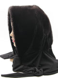 Close view black mink fur hat hood showing natural dark mink pile depth and clean face opening edge
