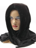 Side profile black mink fur hat hood jersey shawl on mannequin showing hood depth and shawl drape width