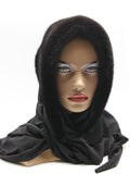 Three-quarter view black mink fur hat hood showing natural dark mink surface and black jersey shawl wrap