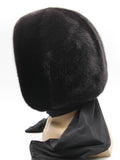 Back view black natural mink fur hat hood showing full dark mink coverage and black knit shawl