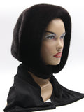 Black mink fur hat hood front view on mannequin showing natural black mink and wide black knit shawl