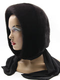 Side profile black mink fur hat hood knit shawl on mannequin showing hood depth and wide shawl width