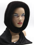 Three-quarter view black mink fur hat hood showing natural dark mink surface and black knit shawl drape