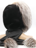 Bottom interior view black mink fur hood scarf wrap showing black fabric lining construction