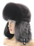 Black mink hat with arctic fox brim, right three-quarter view with flaps hanging down