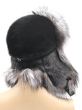 Back view of black mink hat with silver fox ear flaps falling over the neck