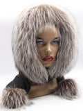 Black mink silver fox fur hood scarf wrap front view on mannequin showing face trim volume
