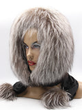 Side view black mink fur hood with silver fox trim showing scarf length and pompon detail