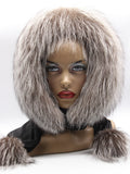 Black fur hood scarf wrap three-quarter view on mannequin showing silver fox face framing