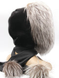 Top-down view black mink fur hood scarf wrap on mannequin showing silver fox crown detail