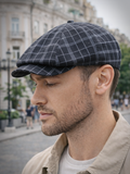 Black plaid linen newsboy cap back view mens driving hat