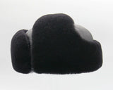 Top crown view black sheepskin ushanka leather construction