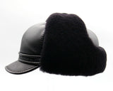 Black sheepskin visor cap side view leather bill