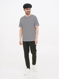 Full length black wrinkled linen newsboy cap man