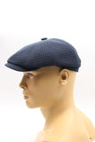 Blue cotton newsboy hat mannequin side view brim detail