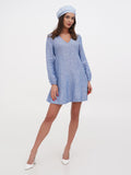 Blue linen beret for women full length front view with light blue linen mini dress, summer outfit