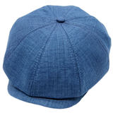Blue linen newsboy cap 8-panel structured Gatsby front view