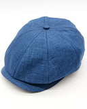 Blue linen newsboy cap side profile straight visor
