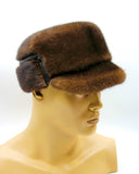 Side profile brown mink cap leather band earflaps folded up