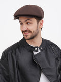 Front close-up brown wrinkled linen newsboy cap showing soft straight visor