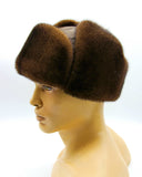 Angled front view brown mink fur hat suede bomber ushanka