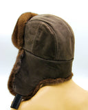 Back detail view brown mink suede bomber fur hat crown stitching