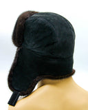 Back view brown mink suede bomber ushanka earflaps down