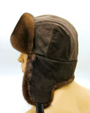 Back view brown mink suede bomber ushanka earflaps up position